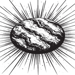 Grunge Planet with Sunburst Rays | Black and White Cosmic Sphere Abstract Illustration Design