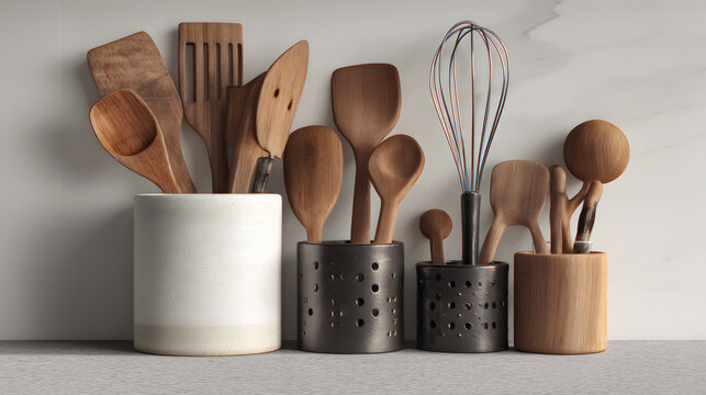 Wooden and metal kitchen utensils in ceramic holder
