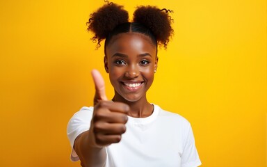 Close up photo positive cheerful millennial hold hand big bun anniversary 8-march anticipate omg wow unexpected wavy curly haircut top-knot trendy style stylish t-shirt isolated yellow background