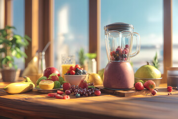Wooden table with fresh fruits blender smoothie ingredients