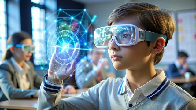 Personalized Learning Edtech Concept. Young boy wearing VR glasses in a classroom setting.