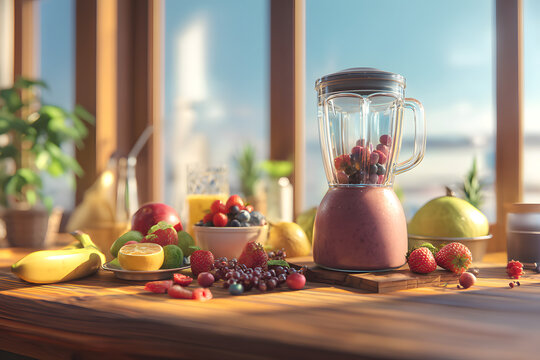Wooden table with fresh fruits blender smoothie ingredients - Powered by Adobe