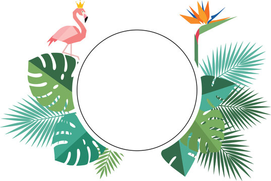 Pink flamingo wearing a crown on tropical monstera leaves creating an exotic paradise circle frame