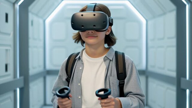 Personalized Learning Edtech Concept. Virtual reality user in a futuristic environment with controllers.