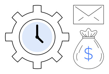 Gear clock symbolizing time, money bag denoting financial goals, and envelope representing communication. Ideal for business productivity, time value, efficiency, goal planning, saving