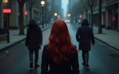 A woman with long red hair stands on a city street at night, facing two hooded figures in the distance. High quality