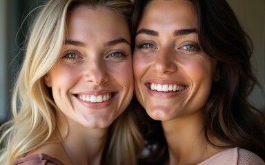 Close-up of two smiling women cheek to cheek. High quality