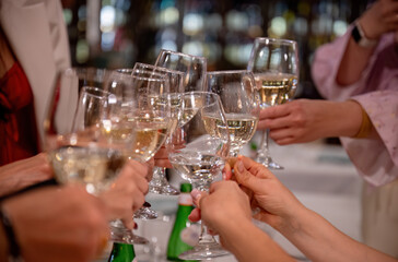 Group of people toasting with wine glasses during celebration or party