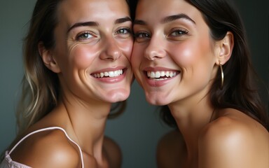 Close-up of two smiling women cheek to cheek. High quality
