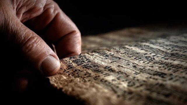 An old sheet of handwritten musical notation being touched by a finger.