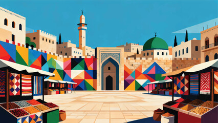 Illustration Of Ramallah's Main Square, Colorful Murals On The City Walls, Traditional Markets With Fabrics And Spices Vector Design Template © BedRoses