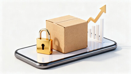 Smartphone with cardboard box, golden padlock, and rising graph symbolizing secure online shopping and growth