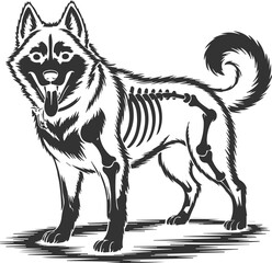 Bold black and white vector illustration of a dog (Husky/Akita) with its visible skeleton. Rendered in an engraving/grunge style. Perfect for tattoo art, t-shirt graphics, and edgy, alternative brandi