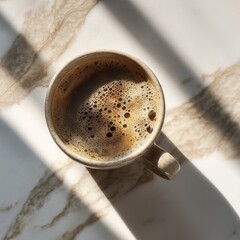 Photo of cup of coffee on marble counter neutral tones minima