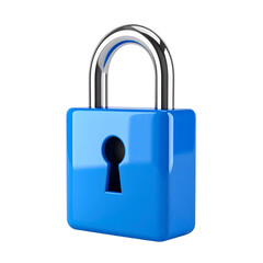 Shiny blue padlock with metallic shackle isolated on transparent background