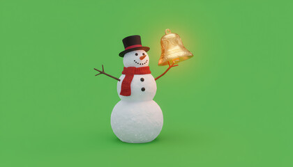 A cheerful snowman, dressed with a scarf and top hat, joyfully holds a shiny bell against a vibrant green background.