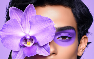  male model with black hair and purple eyeshadow holds up an orchid flower to cover one eye