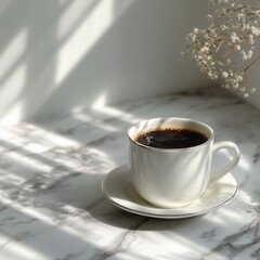 Photo of cup of coffee on marble counter bright morning light