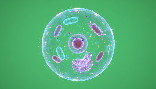A close-up view of a cell showcasing various organelles and structures, illustrating the complexity of life at the microscopic level.
