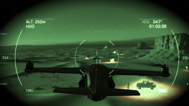 Night-Vision Military UAV Reconnaissance Over Desert with Thermal Heatmap Overlay &ndash; Cinematic Aerial Surveillance Footage