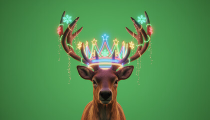 Fototapeta premium A festive deer adorned with a colorful crown of lights, set against a vibrant green background, representing celebration and joy.