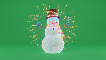 A festive snowman adorned with a top hat, surrounded by colorful fireworks, celebrating the joy of the winter season.