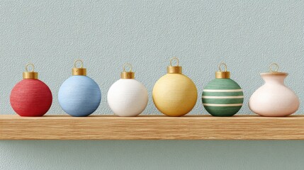 Colorful textured Christmas ornaments and a decorative vase displayed on a wooden shelf