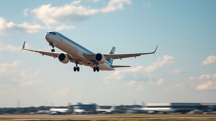 An airplane taking off into a dramatic sky from an airport runway.