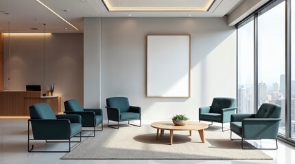 Fototapeta premium Modern office interior with blank poster mockup on wall and seating area with city view and reception desk in daylight. 3D Rendering. 3D Rendering 