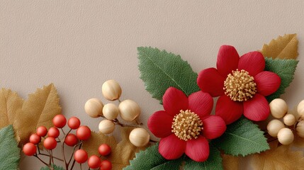 Decorative arrangement of red berries white berries and red flowers with leaves