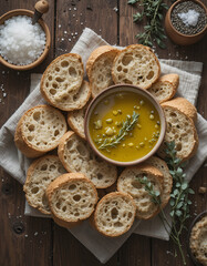 Ultra-realistic top-down photo of rustic bread slices, olive oil in ceramic bowl, herbs, and sea salt on linen napkin,