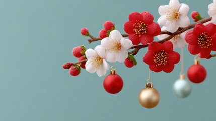 Japanese style Christmas spring flowers with festive ornaments on branches