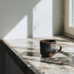Photo of cup of coffee on marble counter bright morning light
