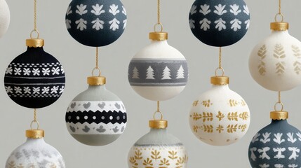 Festive Christmas baubles with Nordic patterns hang against a light background