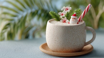 Tropical Christmas drink with Santa and candy cane in a mug