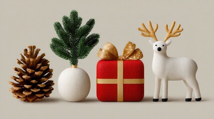 Festive Christmas decor arrangement with pinecone gift and reindeer