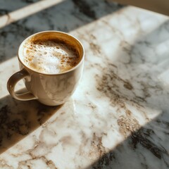 Photo of cup of coffee on marble counter bright morning light