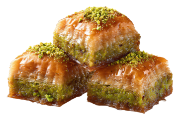 Three baklava pieces with pistachio crumble on top, glossy syrup sheen and crisp caramel-gold pastry layers, arranged in a tilted stack, isolated on transparent background.

