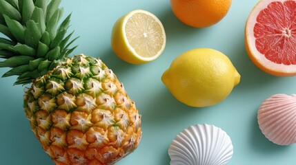 Flat lay of tropical fruits and sweet confections on blue background