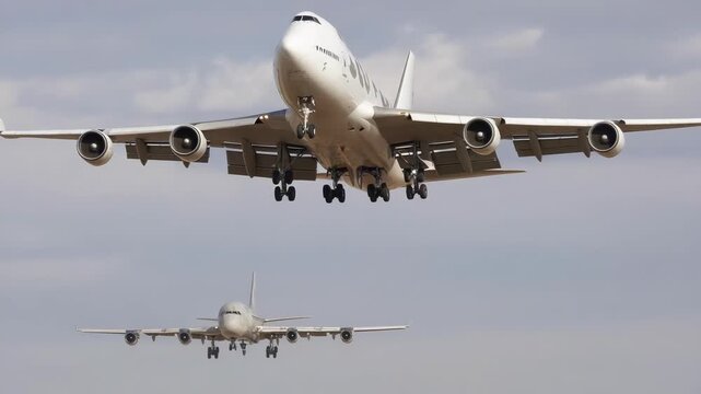 Two large four-engine passenger jets landing in formation, with one bigger in front and a smaller one behind.