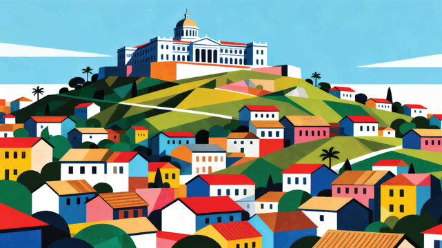 Illustration Of Antananarivo With Traditional Colored Houses On The Hills, Rova Palace At The Top Vector Design Template
