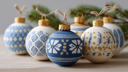 Hand painted blue and white Christmas ornaments with Scandinavian patterns