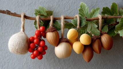 Handmade Chistmas garland with natural elements hanging from a branch