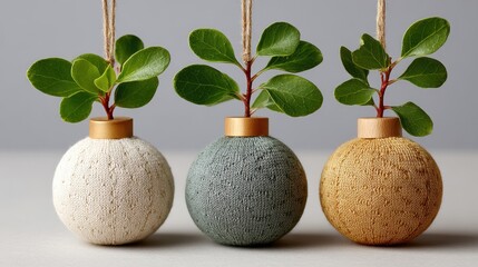 Handmade baubles with natural fiber textures and clean design