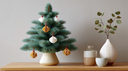 Minimalist Nordic Christmas tree with paper ornaments and vases