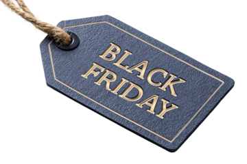 Hanging price tag in “Black Friday” style, matte midnight-blue with embossed border and metal eyelet, kraft string loop attached, isolated on transparent background.
