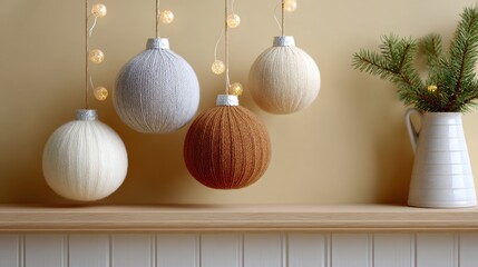 Neutral holiday ornaments hanging on a beige wall