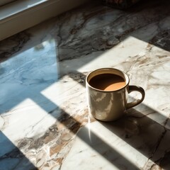 Photo of cup of coffee on marble counter bright morning light