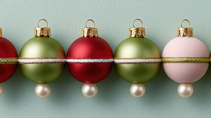 Row of colorful Christmas baubles with pearls and decorative bands