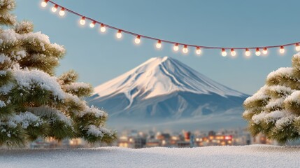 Japanese style Christmas scene of Snowy Mount Fuji under twinkling lights